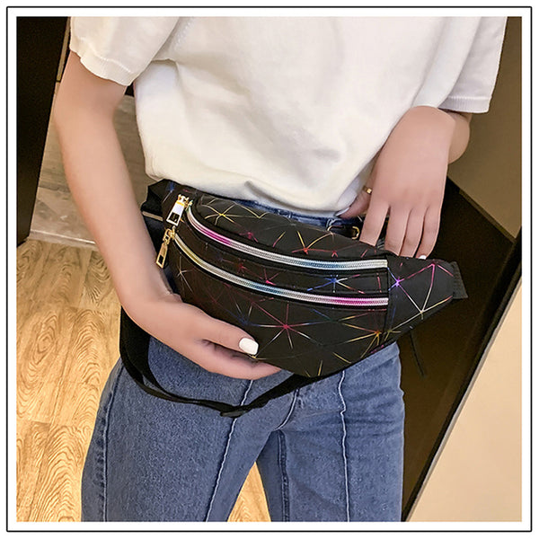 Women's Fashion Waist Packs Personalized Rock and Roll Color PU Leather Flashing Lattice Belt Bag Nerka Fanny Pack - Best idea product