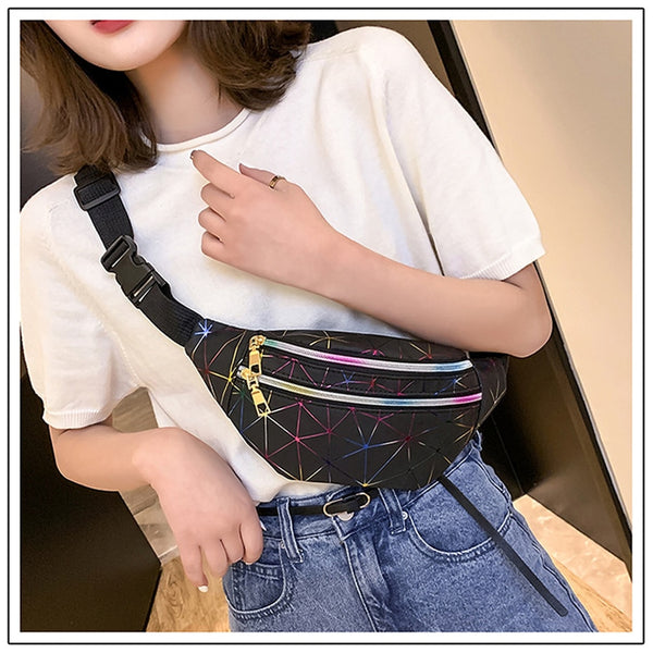 Women's Fashion Waist Packs Personalized Rock and Roll Color PU Leather Flashing Lattice Belt Bag Nerka Fanny Pack - Best idea product