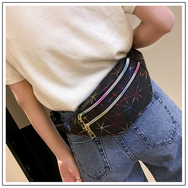 Women's Fashion Waist Packs Personalized Rock and Roll Color PU Leather Flashing Lattice Belt Bag Nerka Fanny Pack - Best idea product