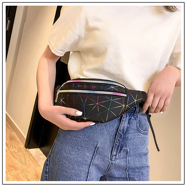 Women's Fashion Waist Packs Personalized Rock and Roll Color PU Leather Flashing Lattice Belt Bag Nerka Fanny Pack - Best idea product