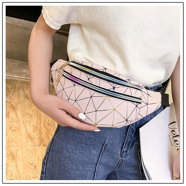 Women's Fashion Waist Packs Personalized Rock and Roll Color PU Leather Flashing Lattice Belt Bag Nerka Fanny Pack - Best idea product