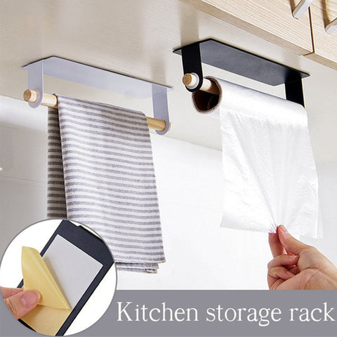 1pc New Wood and Metal Wall Bracket Fashion Towel Rack Storage Box Rag Bracket Plastic Wrap Storage Rack Kitchen Accessorie - Best idea product