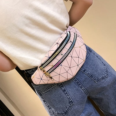 Women's Fashion Waist Packs Personalized Rock and Roll Color PU Leather Flashing Lattice Belt Bag Nerka Fanny Pack - Best idea product