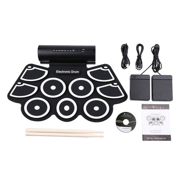 Portable Roll up Electronic USB MIDI Drum Set Kits 9 Pads Built-in Speakers Foot Pedals Drumsticks USB Cable For Practice - Best idea product