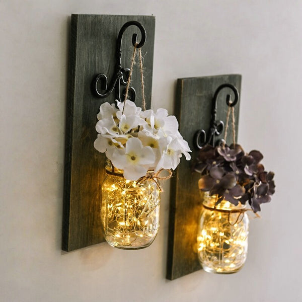 Rustic Artificial Flower Wall Light Mason Jar Led Fairy Lights Wall Lamp Dimmable Remote Control Wall Sconces Bar Bedroom Decor - Best idea product