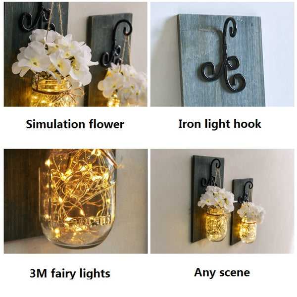 Rustic Artificial Flower Wall Light Mason Jar Led Fairy Lights Wall Lamp Dimmable Remote Control Wall Sconces Bar Bedroom Decor - Best idea product