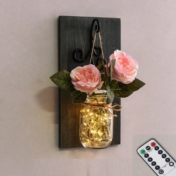 Rustic Artificial Flower Wall Light Mason Jar Led Fairy Lights Wall Lamp Dimmable Remote Control Wall Sconces Bar Bedroom Decor - Best idea product