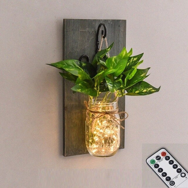 Rustic Artificial Flower Wall Light Mason Jar Led Fairy Lights Wall Lamp Dimmable Remote Control Wall Sconces Bar Bedroom Decor - Best idea product