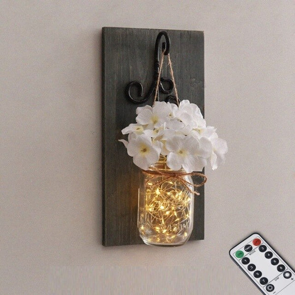 Rustic Artificial Flower Wall Light Mason Jar Led Fairy Lights Wall Lamp Dimmable Remote Control Wall Sconces Bar Bedroom Decor - Best idea product