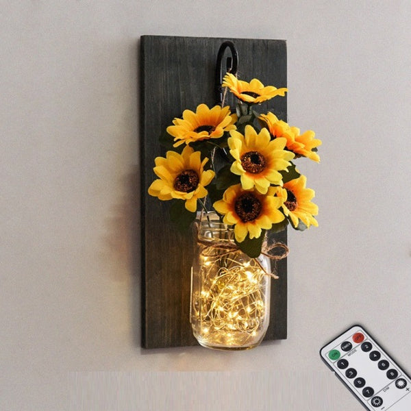 Rustic Artificial Flower Wall Light Mason Jar Led Fairy Lights Wall Lamp Dimmable Remote Control Wall Sconces Bar Bedroom Decor - Best idea product