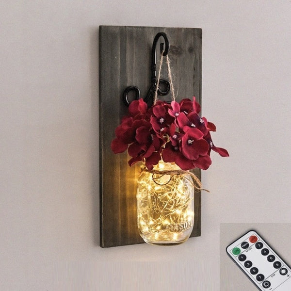 Rustic Artificial Flower Wall Light Mason Jar Led Fairy Lights Wall Lamp Dimmable Remote Control Wall Sconces Bar Bedroom Decor - Best idea product