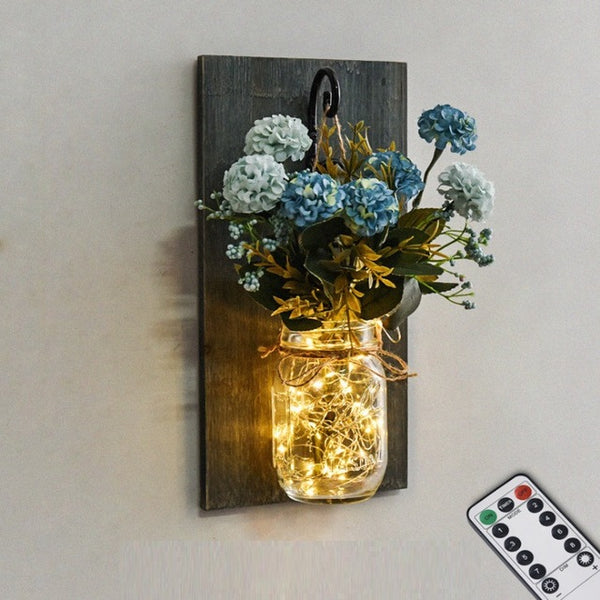 Rustic Artificial Flower Wall Light Mason Jar Led Fairy Lights Wall Lamp Dimmable Remote Control Wall Sconces Bar Bedroom Decor - Best idea product