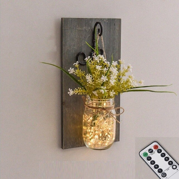 Rustic Artificial Flower Wall Light Mason Jar Led Fairy Lights Wall Lamp Dimmable Remote Control Wall Sconces Bar Bedroom Decor - Best idea product