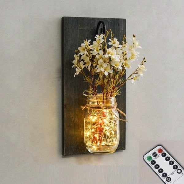 Rustic Artificial Flower Wall Light Mason Jar Led Fairy Lights Wall Lamp Dimmable Remote Control Wall Sconces Bar Bedroom Decor - Best idea product