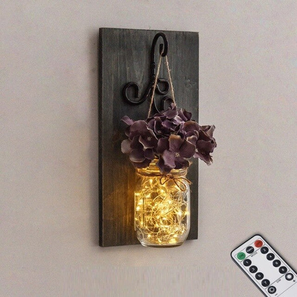 Rustic Artificial Flower Wall Light Mason Jar Led Fairy Lights Wall Lamp Dimmable Remote Control Wall Sconces Bar Bedroom Decor - Best idea product