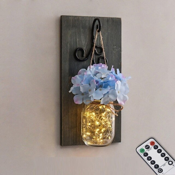 Rustic Artificial Flower Wall Light Mason Jar Led Fairy Lights Wall Lamp Dimmable Remote Control Wall Sconces Bar Bedroom Decor - Best idea product