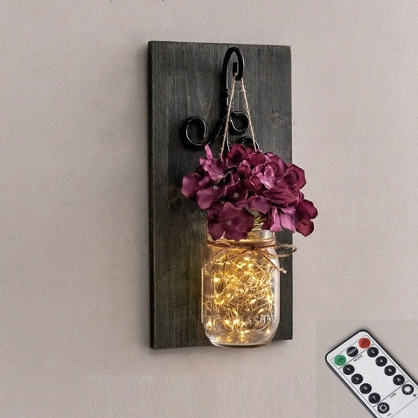 Rustic Artificial Flower Wall Light Mason Jar Led Fairy Lights Wall Lamp Dimmable Remote Control Wall Sconces Bar Bedroom Decor - Best idea product