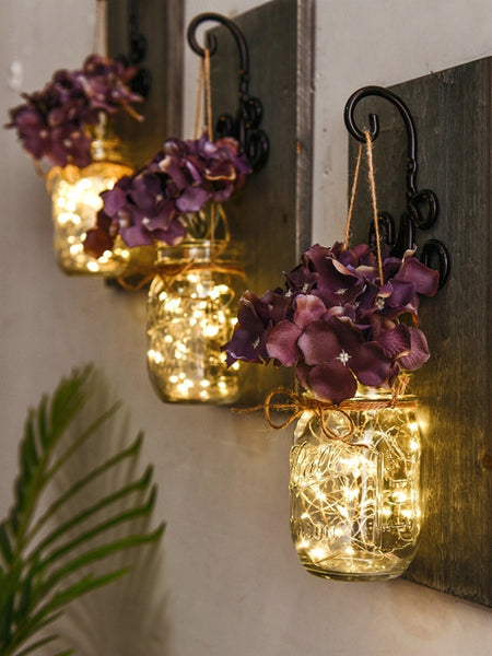 Rustic Artificial Flower Wall Light Mason Jar Led Fairy Lights Wall Lamp Dimmable Remote Control Wall Sconces Bar Bedroom Decor - Best idea product