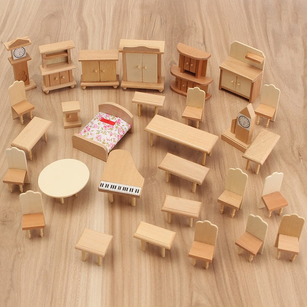 Hot Sale 29Pcs/Set Dollhouse Miniature Unpainted Wooden Furniture Suite 1/24 Scale Model Doll Toys Kids Toys For Children - Best idea product