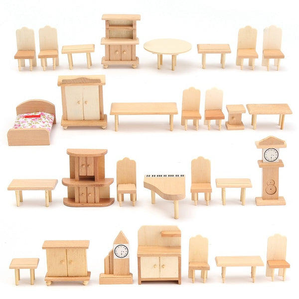 Hot Sale 29Pcs/Set Dollhouse Miniature Unpainted Wooden Furniture Suite 1/24 Scale Model Doll Toys Kids Toys For Children - Best idea product